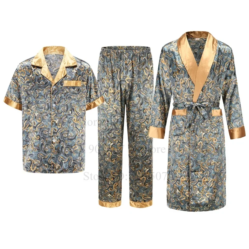 Eis Seide Robe Lose Nachtwäsche Loungewear Männlichen Casual Hause Kleidung Drucken Hemd Hosen Sommer Herbst Neue Bademantel mit Tasche Image
