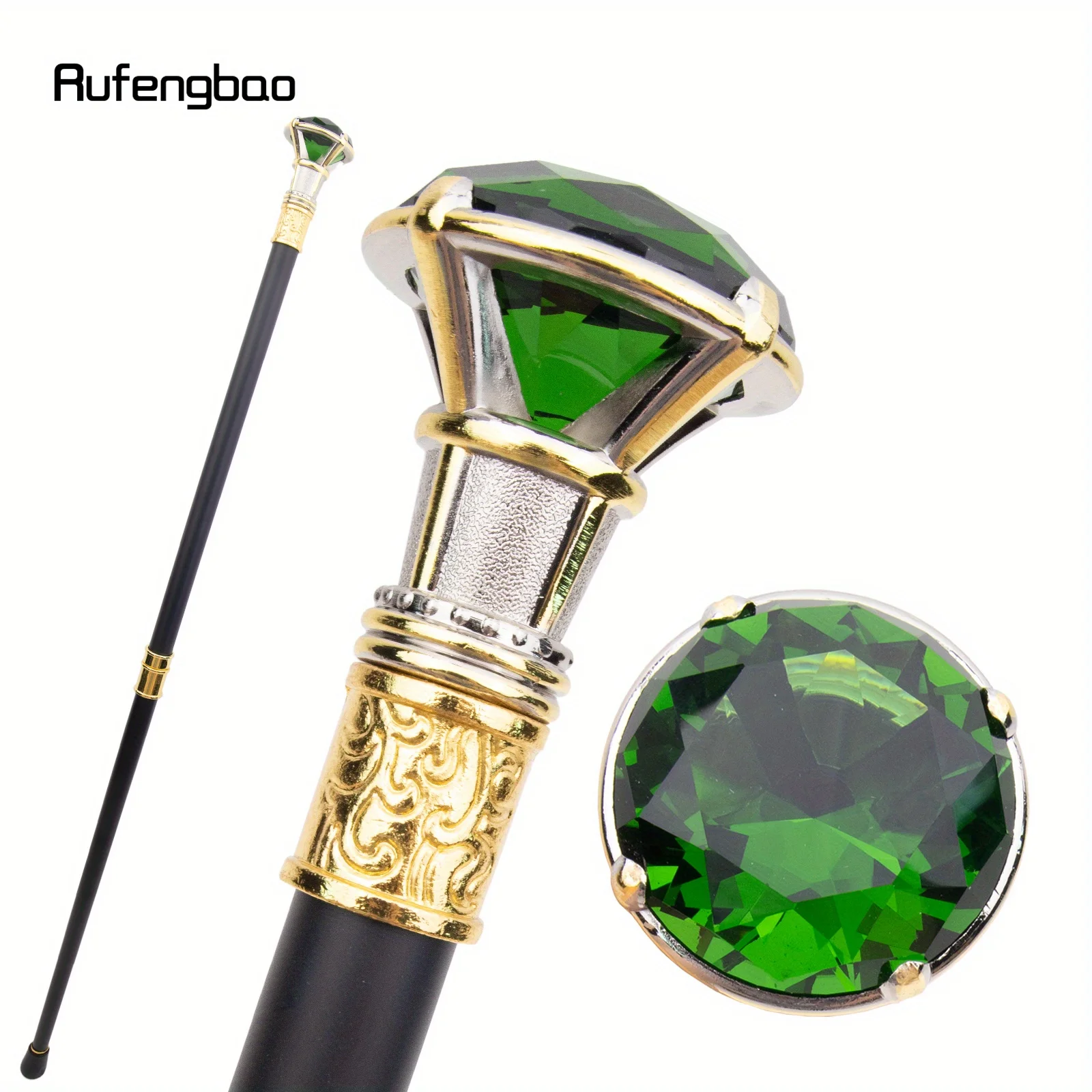 Green Diamond Type Golden White Cane Fashion Stick Elegant Cosplay Cane Knob Crosier Performance Stage Cane 90cm