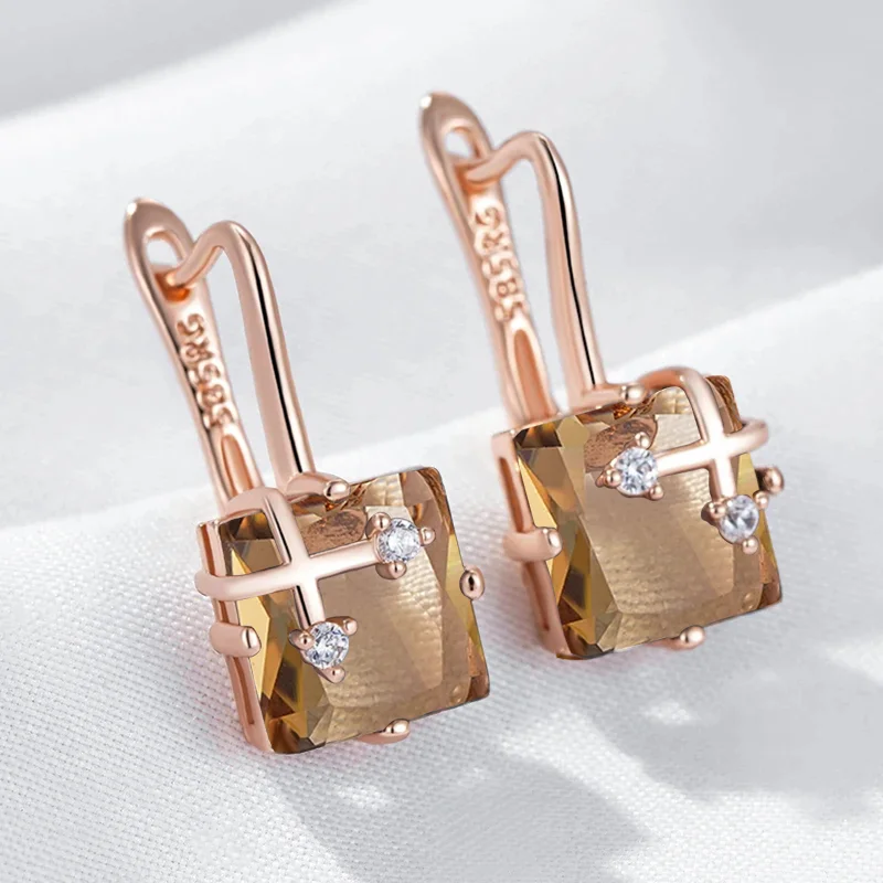 Wbmqda Quadratische braune Naturstein-Tropfenohrringe für Frauen, 585er Roségold, einzigartige Schmuckgeschenke Image