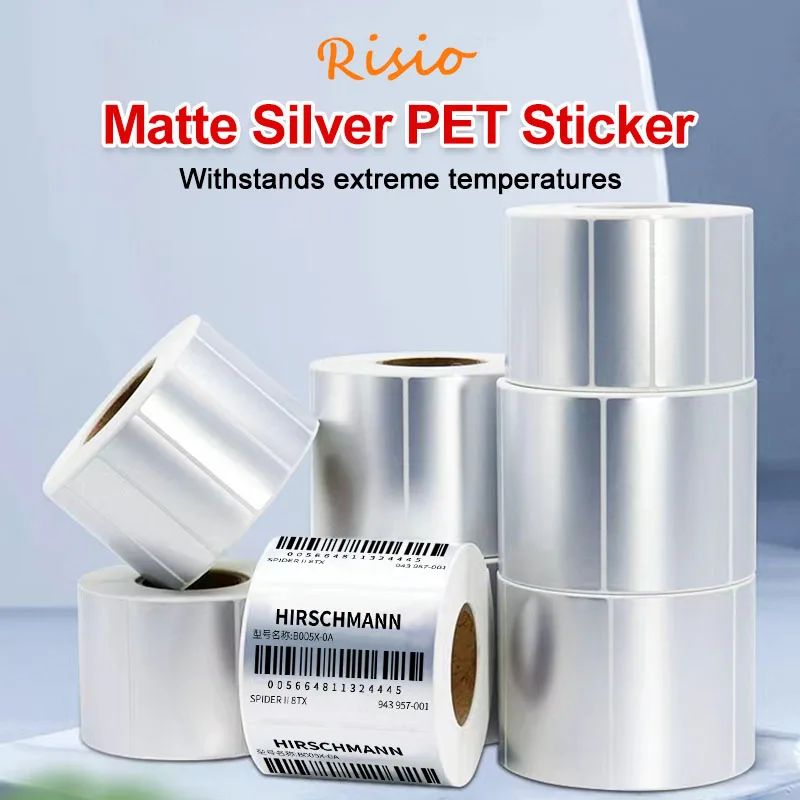 Mattes Silbernes Thermisches Aufkleberpapier auf Rolle, Bedruckbare Selbstklebende Etiketten, PET Wasserfeste Metallische Silber-Transfer-Barcode-Etiketten M110 Image
