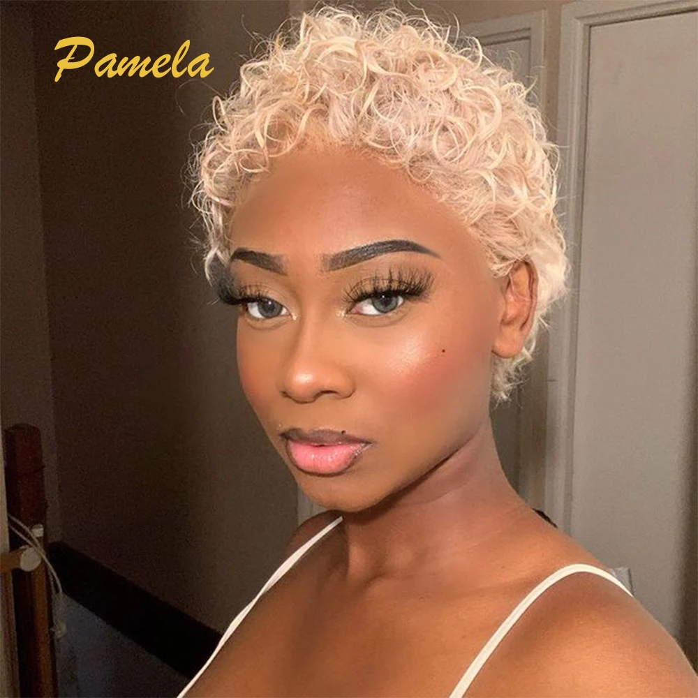 Pixie Cut Curly Bob 613 Blonde Perücken Echthaar Burmesische lockige kurze honigblonde burgunderfarbene 13x4 Lace Front Echthaarperücken Image