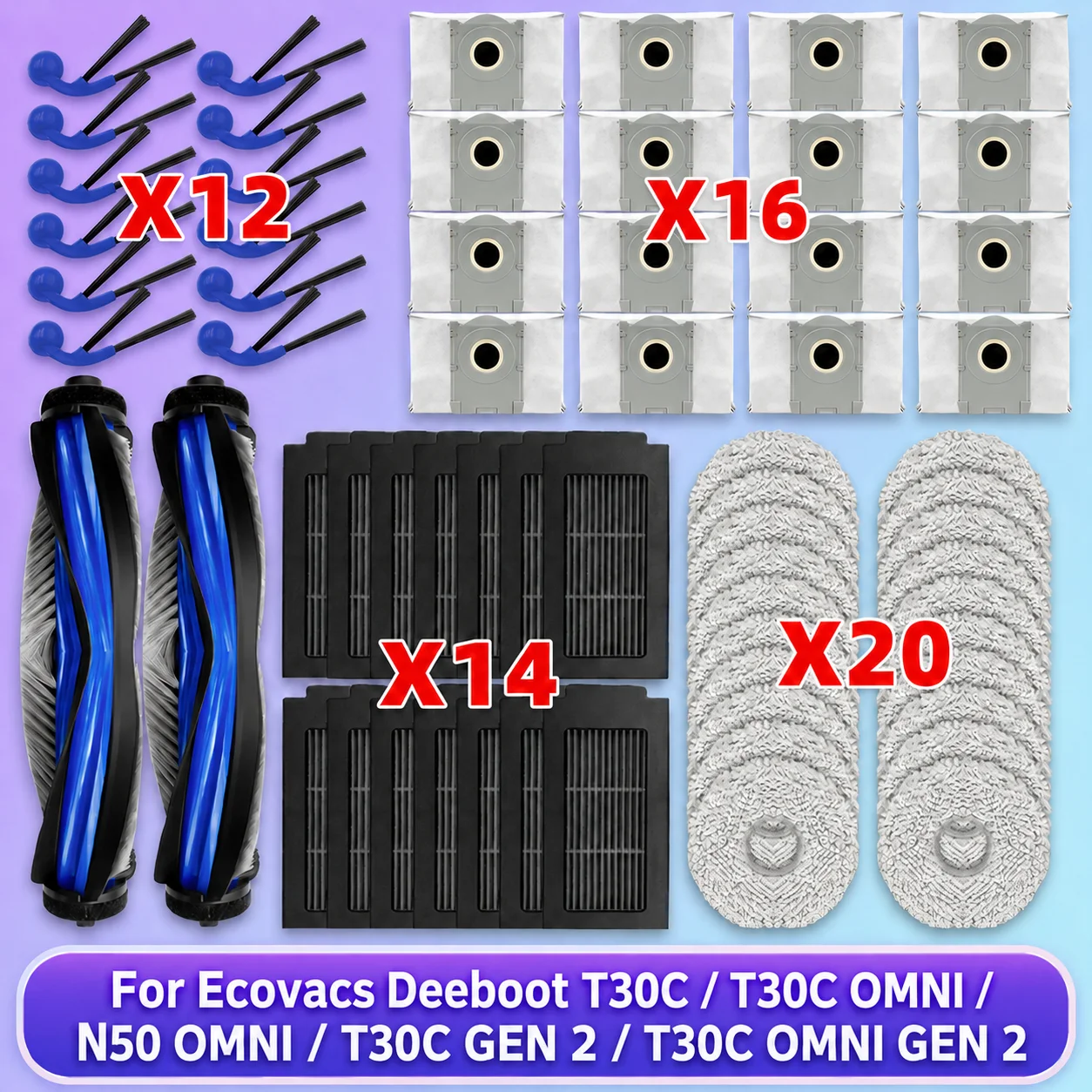 Für Ecovacs Deeboot T30C/T30C OMNI/T30C Prime Omni/T30C GEN 2/T30C OMNI GEN 2(Nicht T30C PRO/PRO OMNI), N50 OMNI/N50 Pro Omni Ersatzteile Haupt/Seitenbürste Filter Mopp Staubbeutel Image