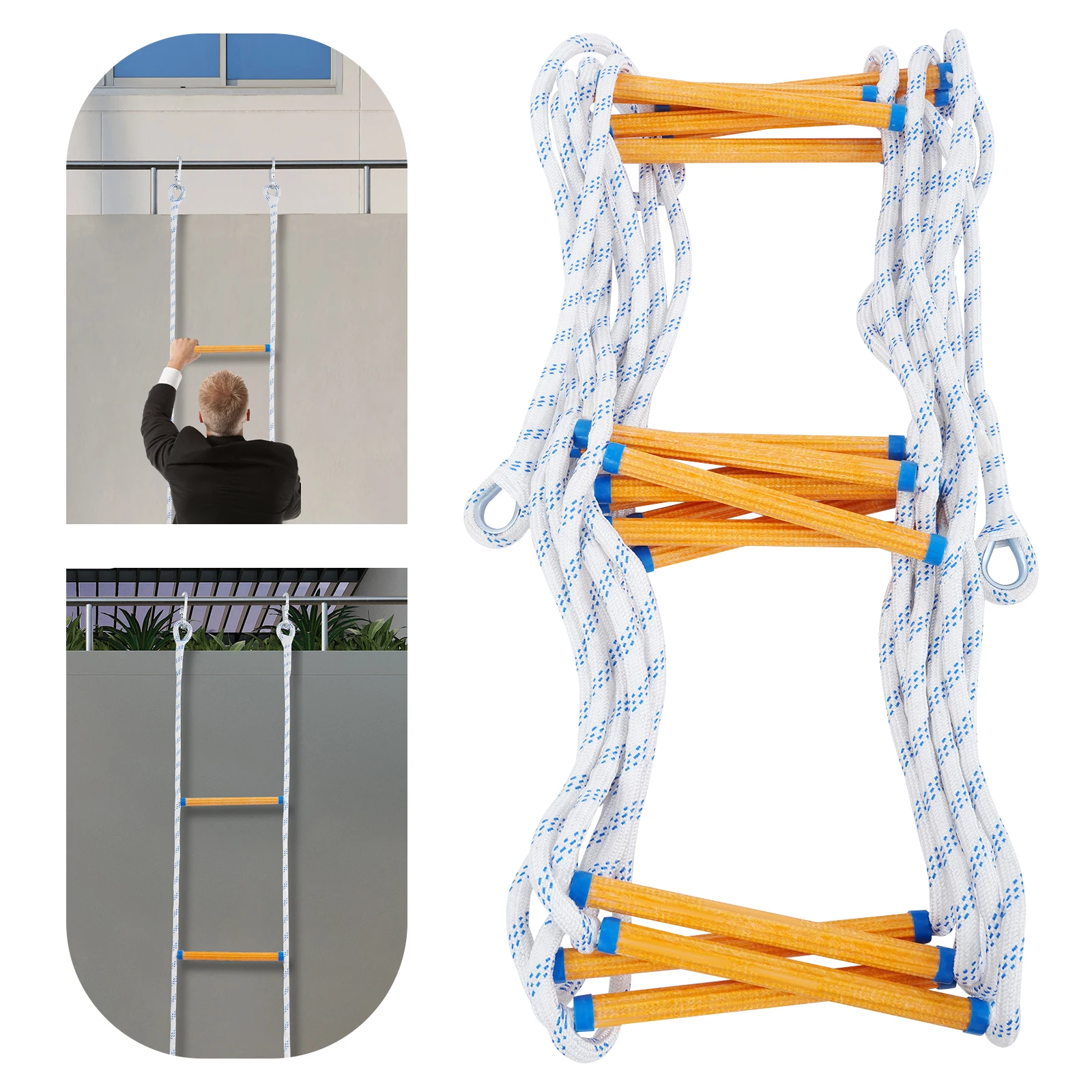 10/5 m tragbare Kletter-Rettungsseilleiter, Notfall-Fluchtleiter, feuerfestes Sicherheitsleitern-Set mit Handschuhen + Karabiner, 100/120 kg Image
