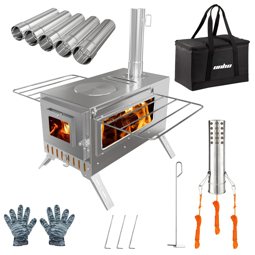 Heißer Zeltherd, Unho-Holzofen, tragbarer Holzofen mit 6 rostfreien Kaminrohren zum Heizen und Kochen im Freien Image