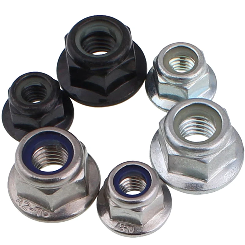 M3 M4 M5 M6 M8 M10 M12 Schwarzer Kohlenstoff 304 Edelstahl A2-70 Sechskantflansch Nyloneinsatz Sicherungsmutter Selbstsichernde Nylock-Sicherungsmutter Image