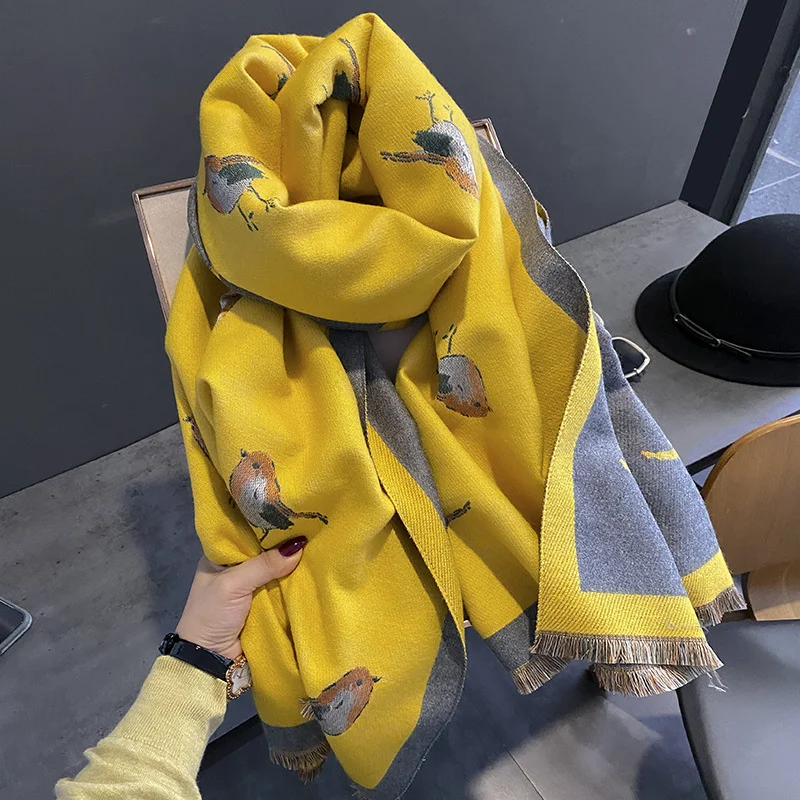 2023 neue Frauen Winter Schal Kaschmir Pashmina Schals und Wraps Bufandas Vogel Drucken Warme Dicke Schals Decke für Dame Image
