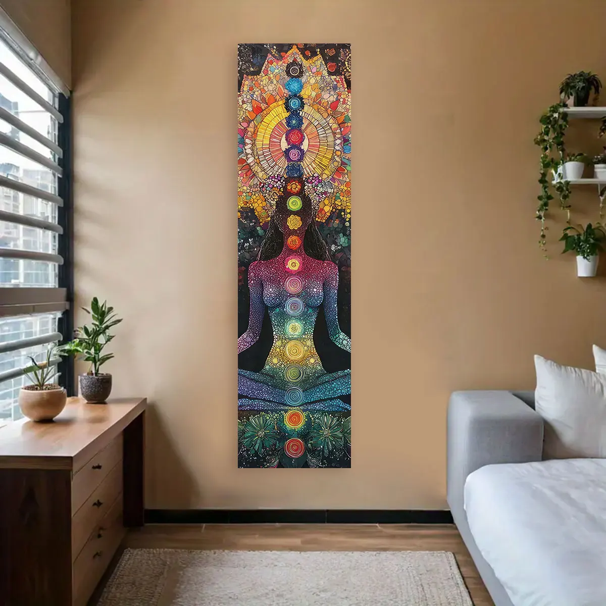 Böhmischer Chakra-Meditations-Vertikal-Wandteppich, bunter Mandala-Regenbogen-Wandteppich, Wandbehang für Wohnzimmer, ästhetischer Wandteppich Image