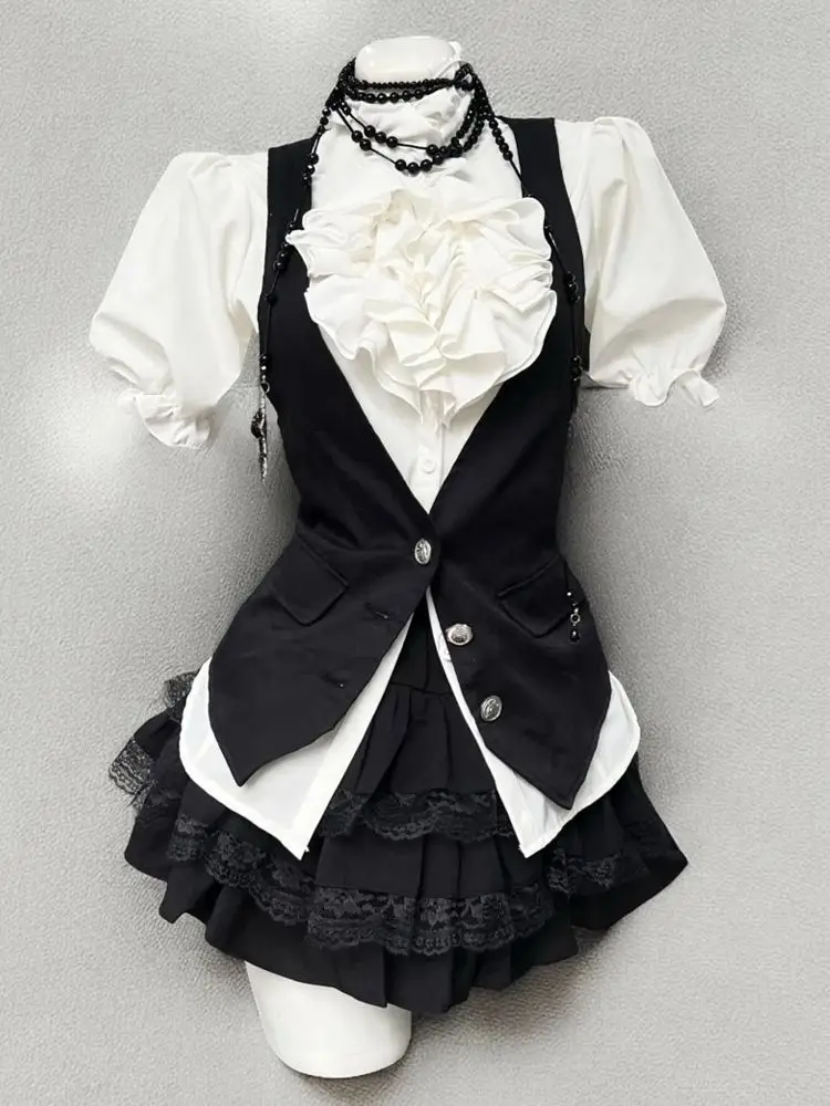 Winter Lolita Y2k Neue Drei Stück Set Frauen Weiße Bluse + schwarze Shorts + fee Kleid Weibliche Casual Japanischen gothic Retro Anzug 2024