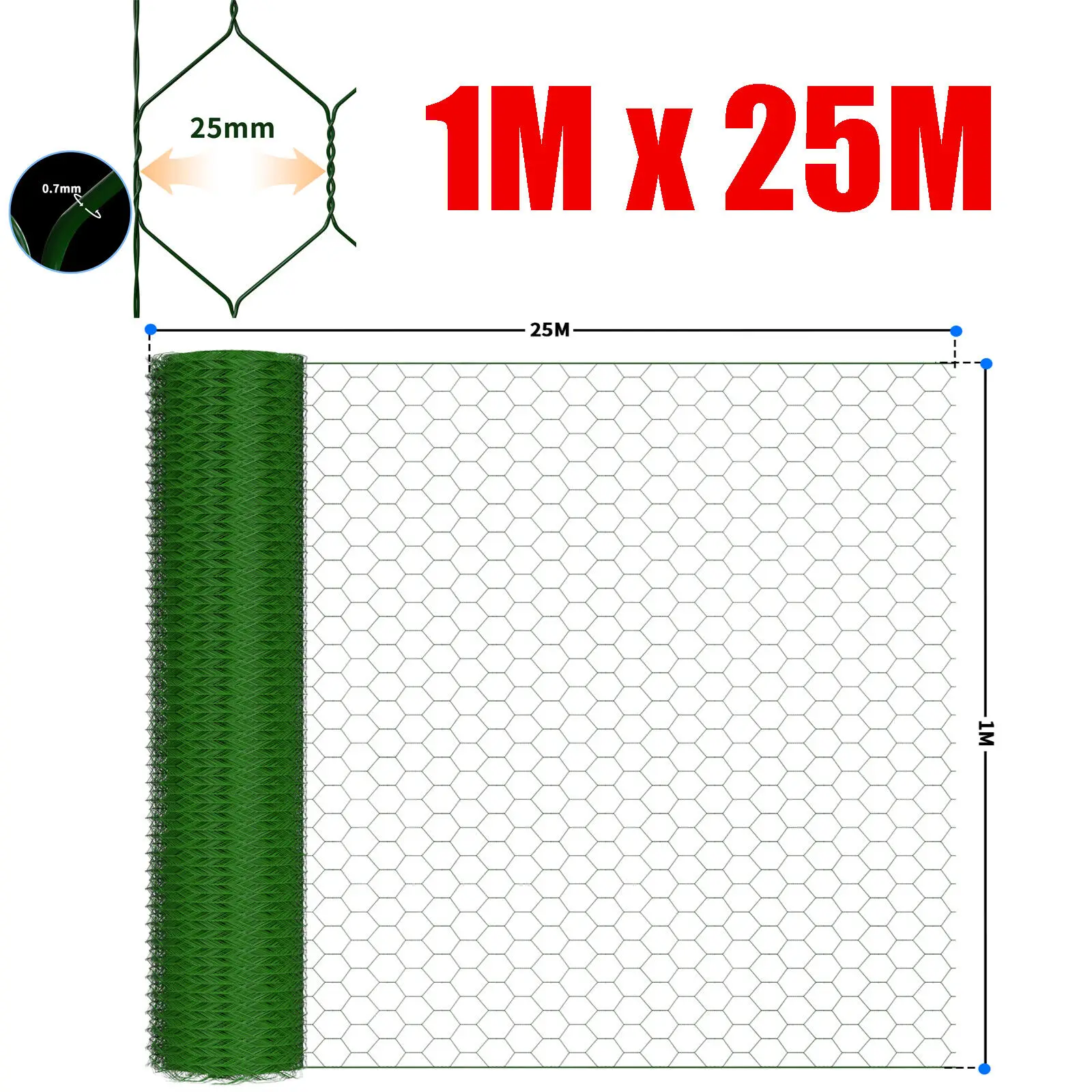 Sechskantgeflecht 25 m, Drahtgeflecht mit hohem Zaun, 25 mm Drahtgeflecht, PVC-beschichteter grüner Kaninchendraht, Hasendraht, kleines Tier Image