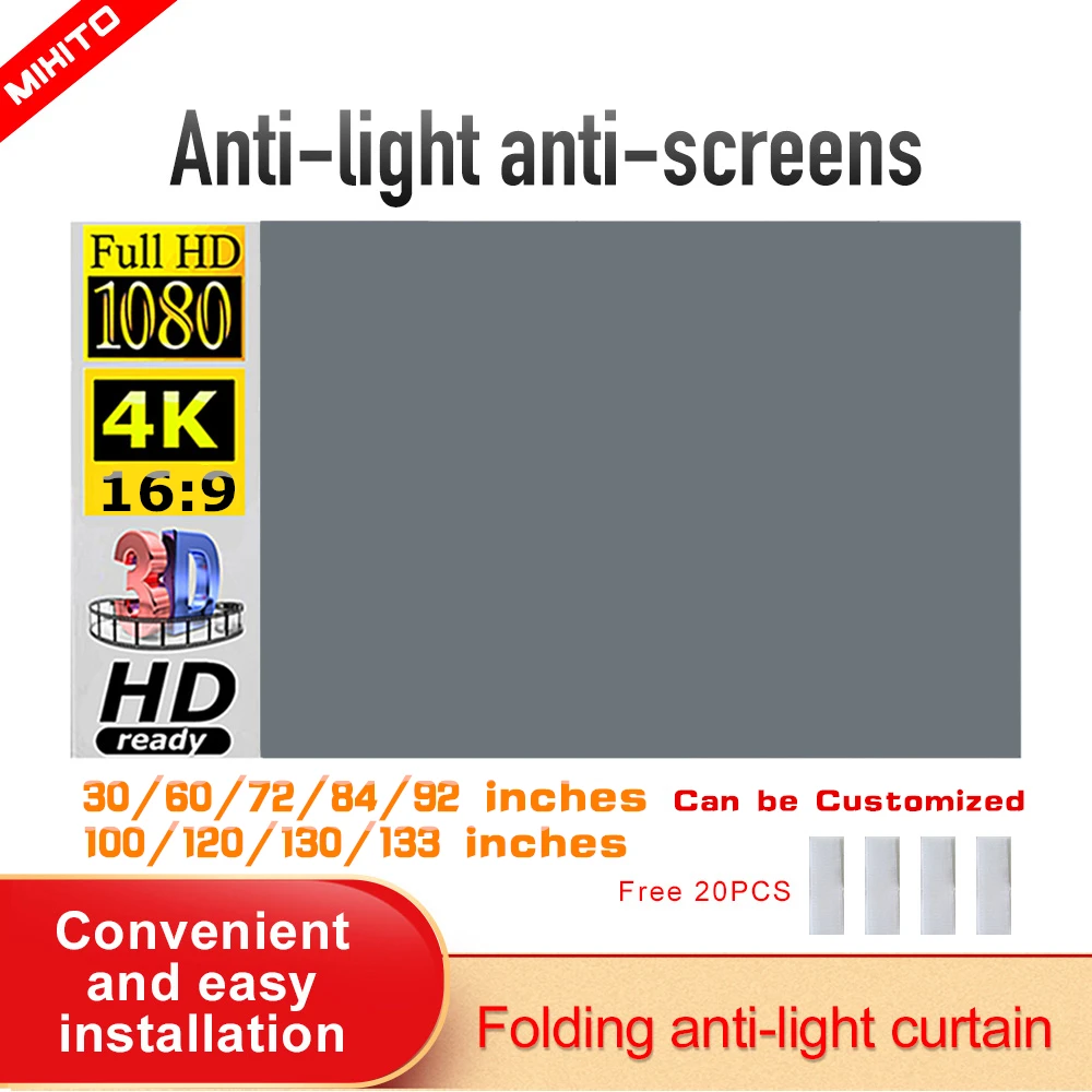 MIXITO Projektor-Leinwand, einfacher 16:9 Anti-Licht-Vorhang, 30, 72, 84, 92, 100, 106, 120, 130, 133 Zoll, Zuhause, Outdoor, Büro, tragbar, 3D-HD Image