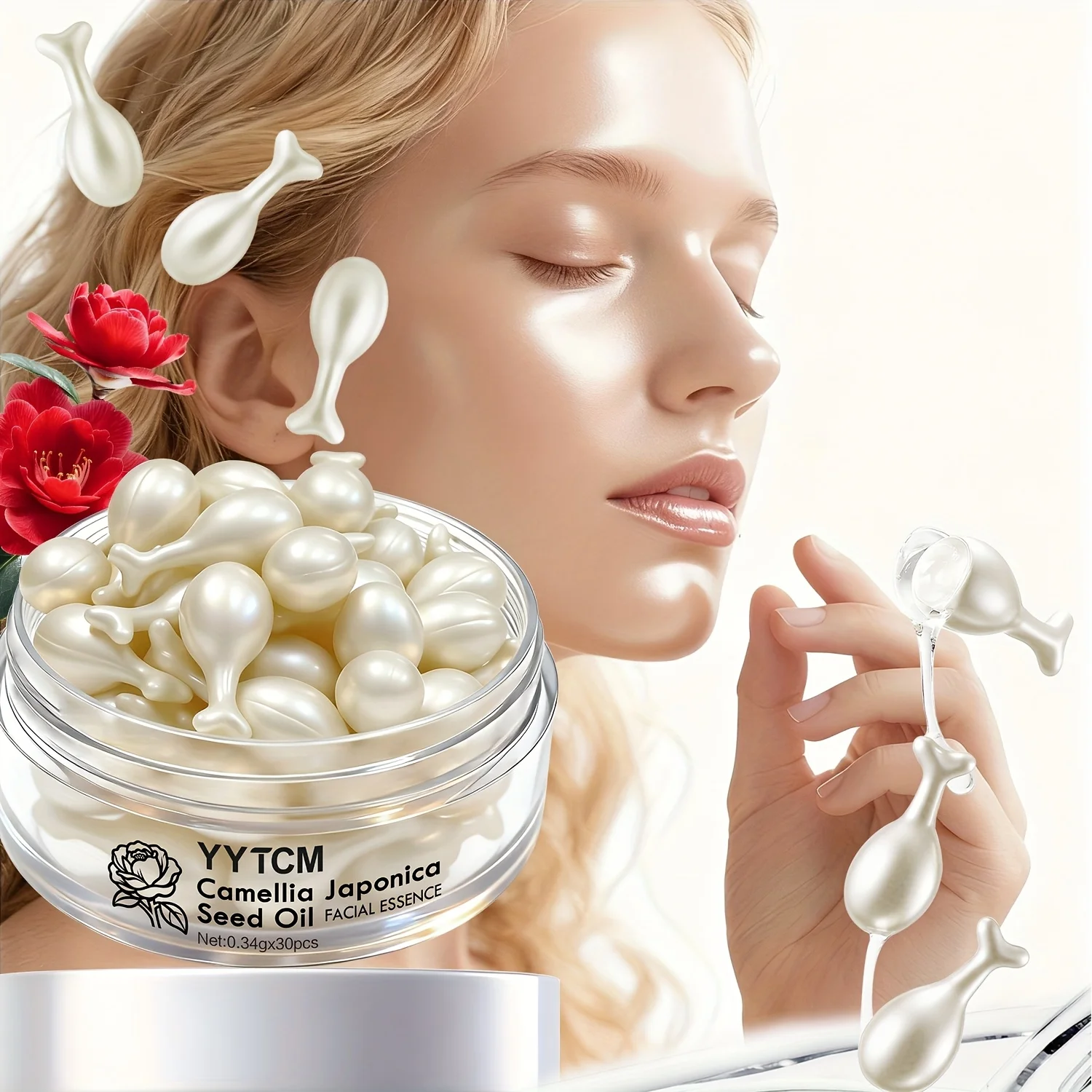 Kameliensamenöl-Essenz-Kapseln, Feuchtigkeitsspendende und Straffende Essenz, Enthält Squalan, Fulleren, Ginsengwurzelextrakt, Niacinamid, Vitamin E, Retinol, Tiefenwirksame Hydratation (0,34Gx30 Kapseln)/Flasche-1 Flasche Image