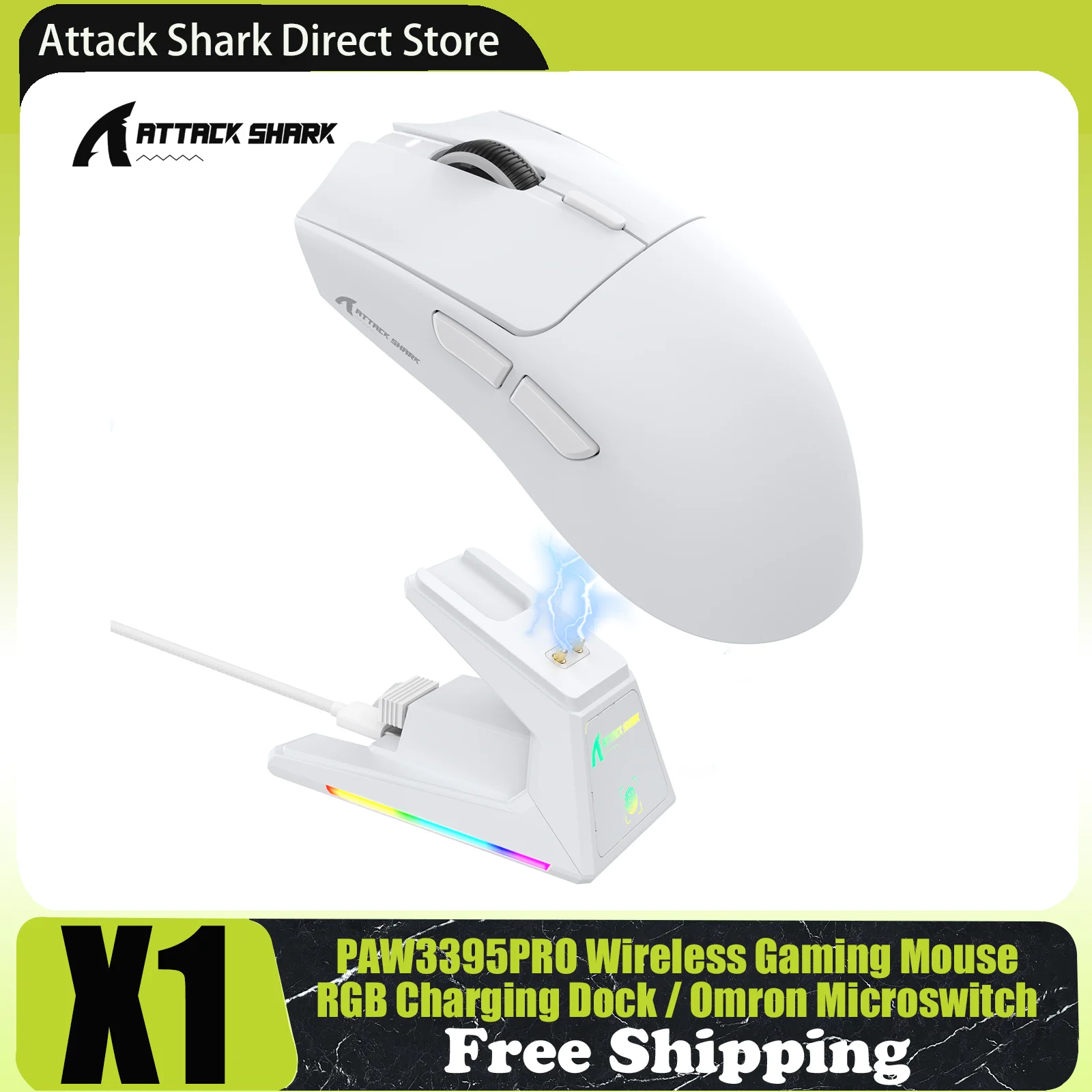 ATTACK SHARK X1 Kabellose Gaming-Maus mit magnetischer Ladestation, PAW3395PRO-Sensor, 40000 DPI, BT/2,4 G/kabelgebunden, Omron-Mikroschalter Image