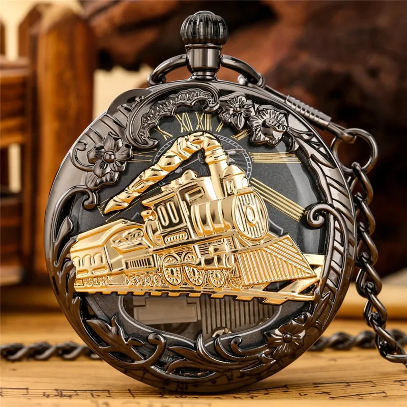 Retro Uhr Steampunk Lokomotive Zug Abdeckung Unisex Musical Quarz Taschenuhr Spielen Song Stadt Himmel FOB Anhänger Kette Geschenk Image
