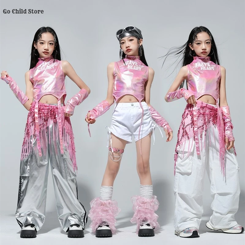 Mädchen K-pop Shiny Crop Top Cargo Hosen Street Dance Shorts Kinder Hip Hop Jazz Kleidung Sets Kinder Streetwear Mädchen gruppe Kostüm