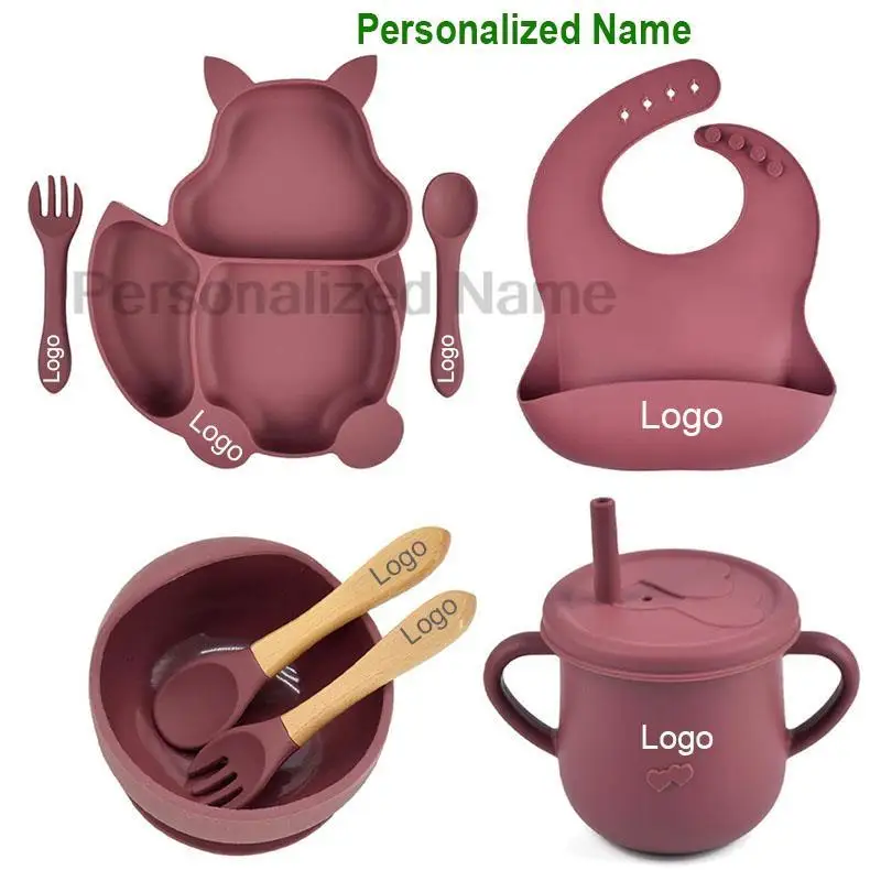 Baby Silikon Sauger Schüssel Teller Tasse Lätzchen Löffel Gabel Sets Kinder Geschirr Baby Fütterung Gerichte Sets Personalisierte Name BPA FREI