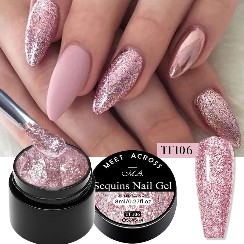 MEET ACROSS 8 ml rosa Glitzer-Pailletten-Gel-Nagellack, glänzend, funkelnd, Platin, semi-permanent, Soak Off Nail Art Lack, Maniküre Image