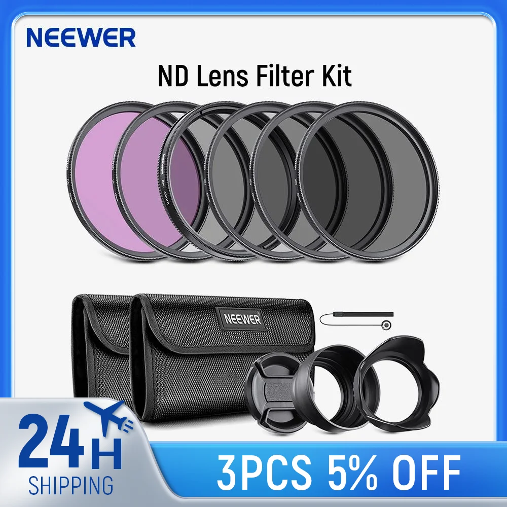 NEEWER Objektivfilter-Set: UV-, CPL-, FLD-, ND-, ND4- und ND8-Objektivblende und Objektivdeckel, kompatibel mit Canon Nikon Sony Panasonic DSLR Image