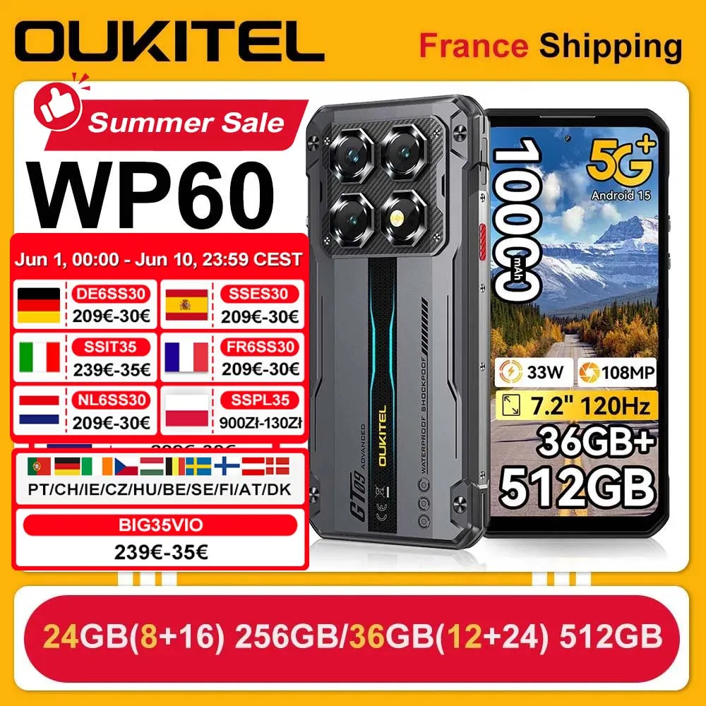 OUKITEL Robustes Smartphone WP60 5G 24GB(8+16) 256GB / 36GB(12+24) 512GB 7,2 Zoll HD+ 120Hz Smartphone 10000mAh 108MP Android 15 NFC