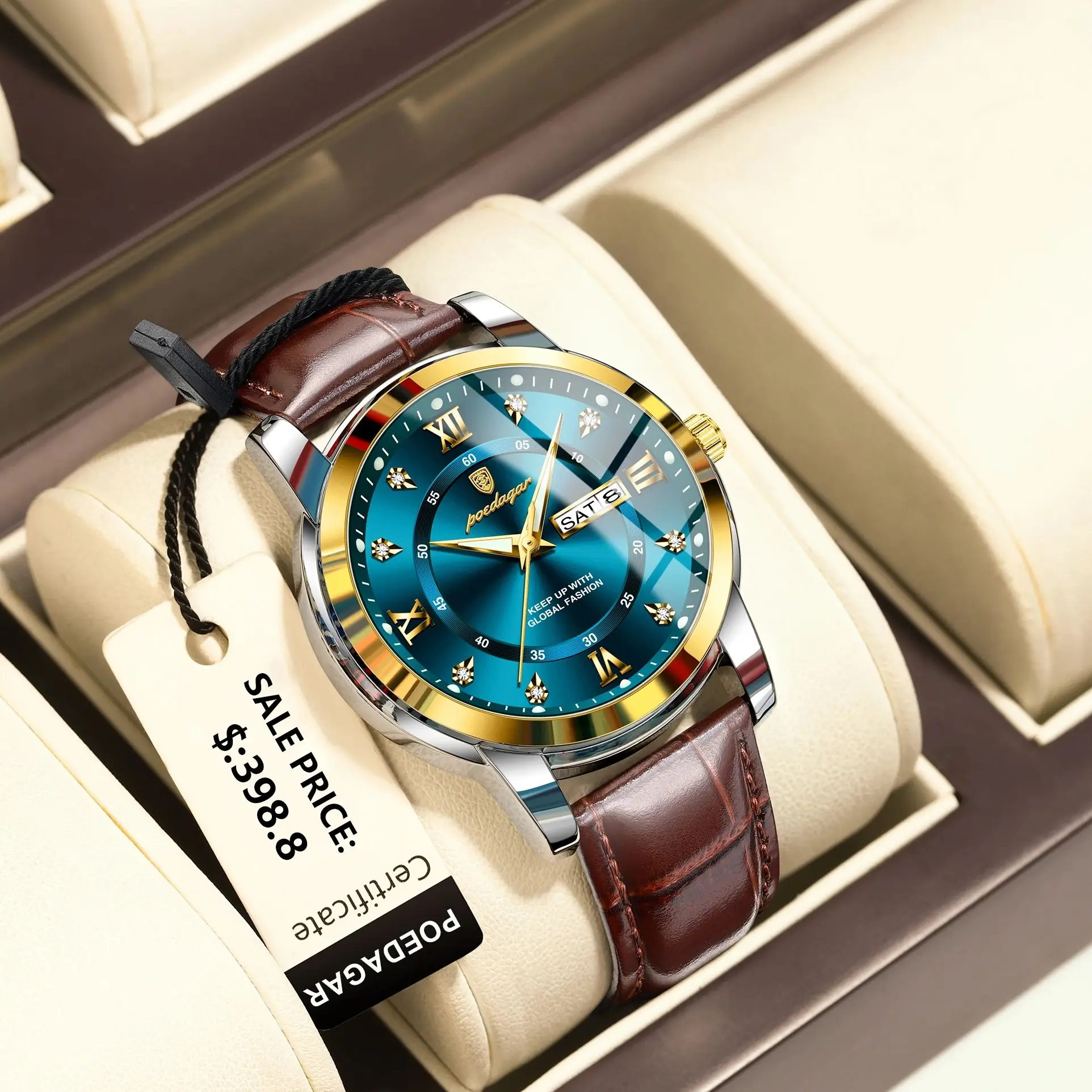 POEDAGAR Luxus Business Männlichen Armbanduhr Wasserdicht Leucht Leder Mann Uhr Datum Woche Sport Casual männer Quarz Uhren reloj Image