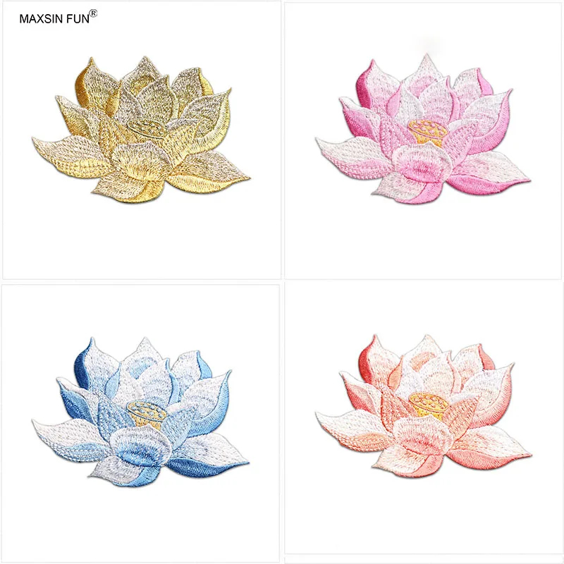 1 Stück Eisen auf Stickerei Lotus Aufkleber DIY Cheong sam Box Tasche Patch Dekoration Gold blau rosa orange Kleber ücken