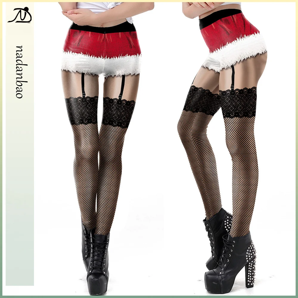 Nadanbao Frohe Weihnachten lustige Urlaub Party Hosen Frauen sexy Spitze Druck Leggings weibliche elastische Strumpfhose mittlere Taille Hose Image