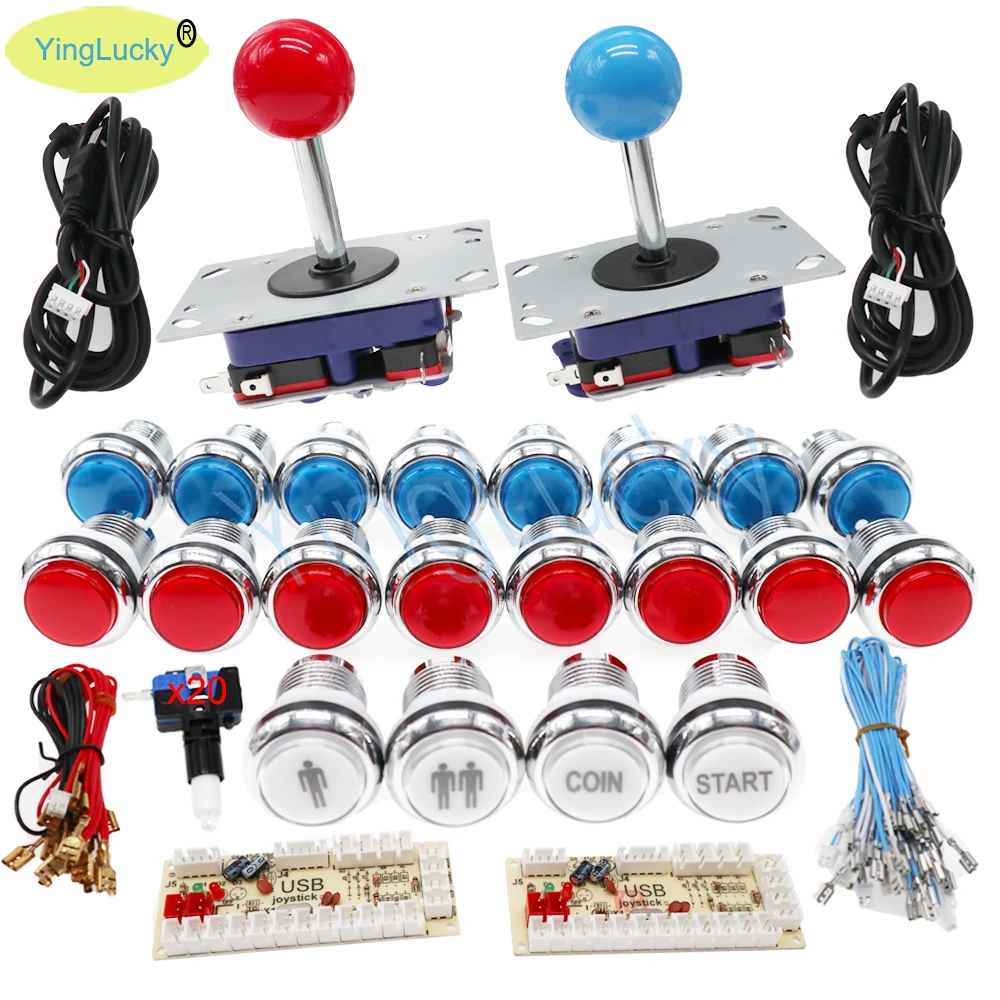 2 Spieler Arcade Diy Kit Arcade Nullverzögerung USB-Encoder mit 12 V LED Chrom Druckknopf Zipp Joystick zu PC/Raspberry PI PS2 PS3