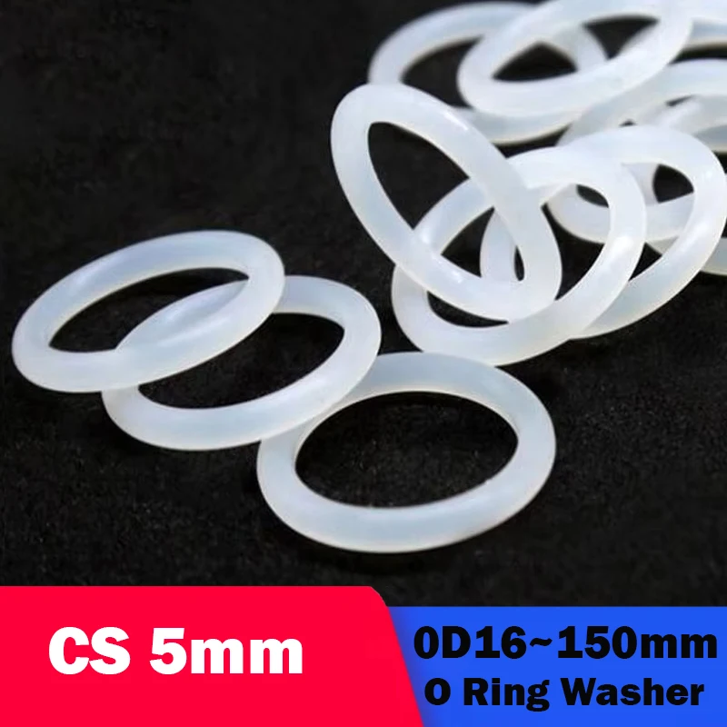 1/2/3/5/10/20 Stück weiße O-Ring-Dichtung aus lebensmittelechtem Silikon, wasserdichte Unterlegscheibe, Gummi-Silikonring, CS 5 mm, Außendurchmesser 16/17/18/19/20–150 mm Image