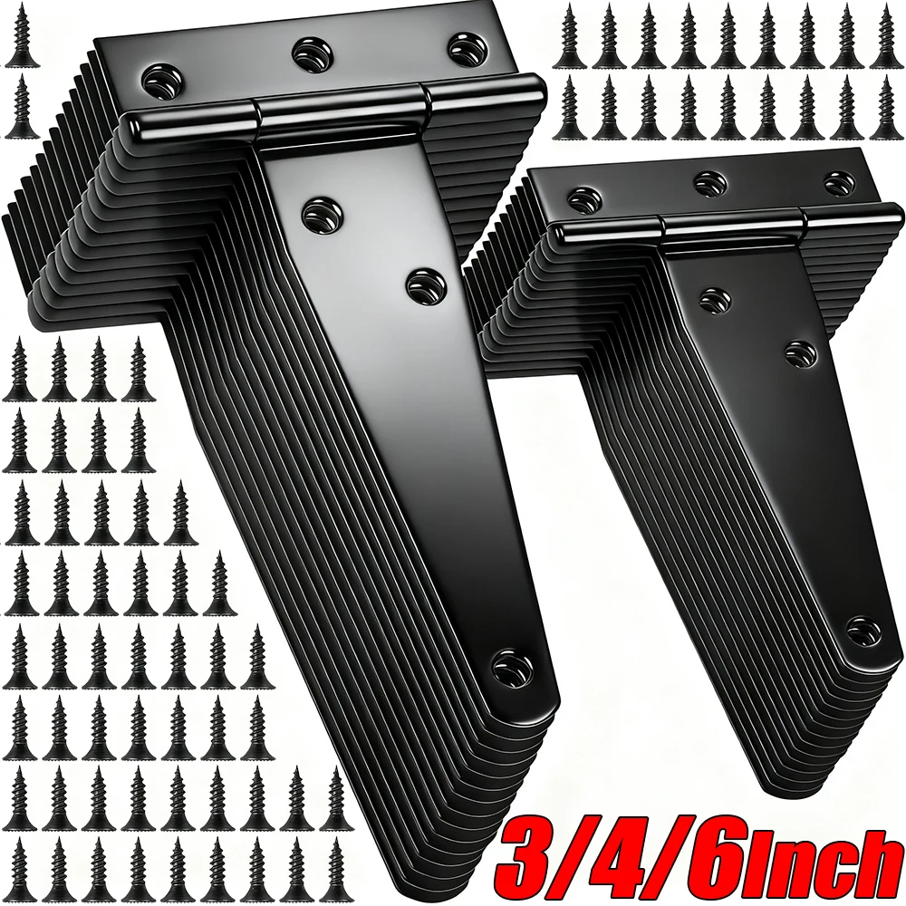 1–6 Satz 3/4/6 Zoll T-Riemen-Metallscharniere, schwarz, robust, mit Schrauben für Holzzäune im Freien, Scheunenschuppen, Tor, Türscharnier, rostfrei Image