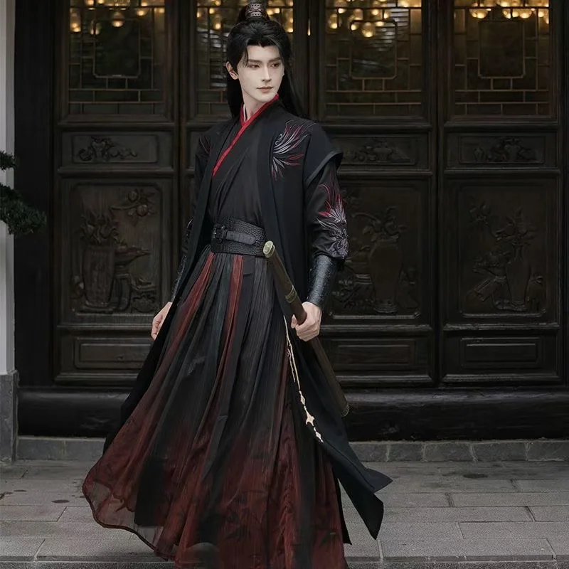 Original Schwarz Rot Hanfu Kleid Herren Traditionelle Stickerei Kreuz Kragen Kostüm Vintage Nacht Schwertkämpfer Cosplay Kleidung Nische