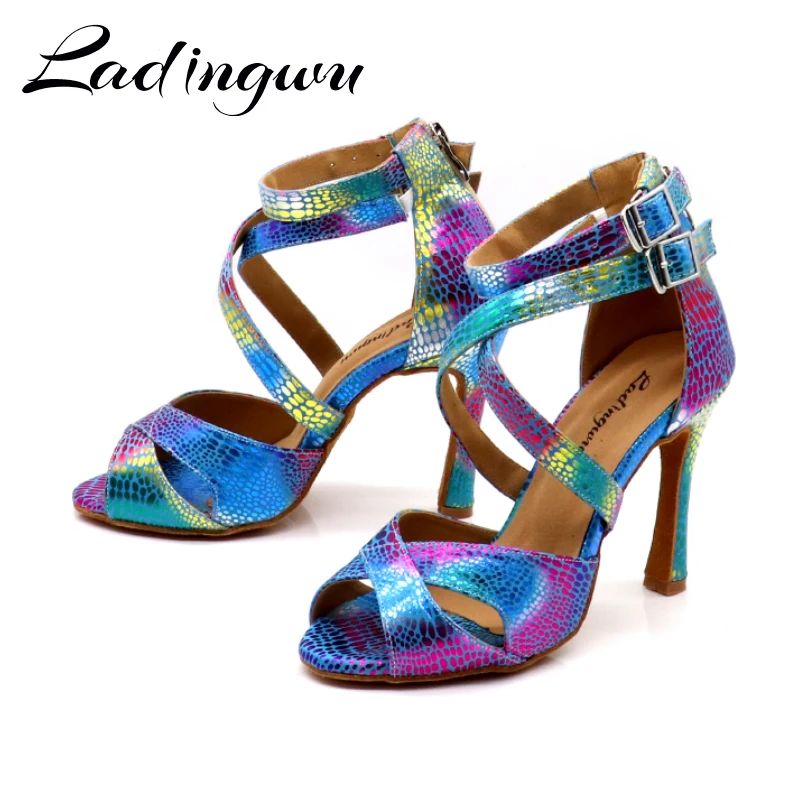 Ladingwu Tanzschuhe Latein Damen Salsa Schuhe Tanzparty Hochzeit Ballsaal Tanzschuhe Laser PU Blau Gold Lila