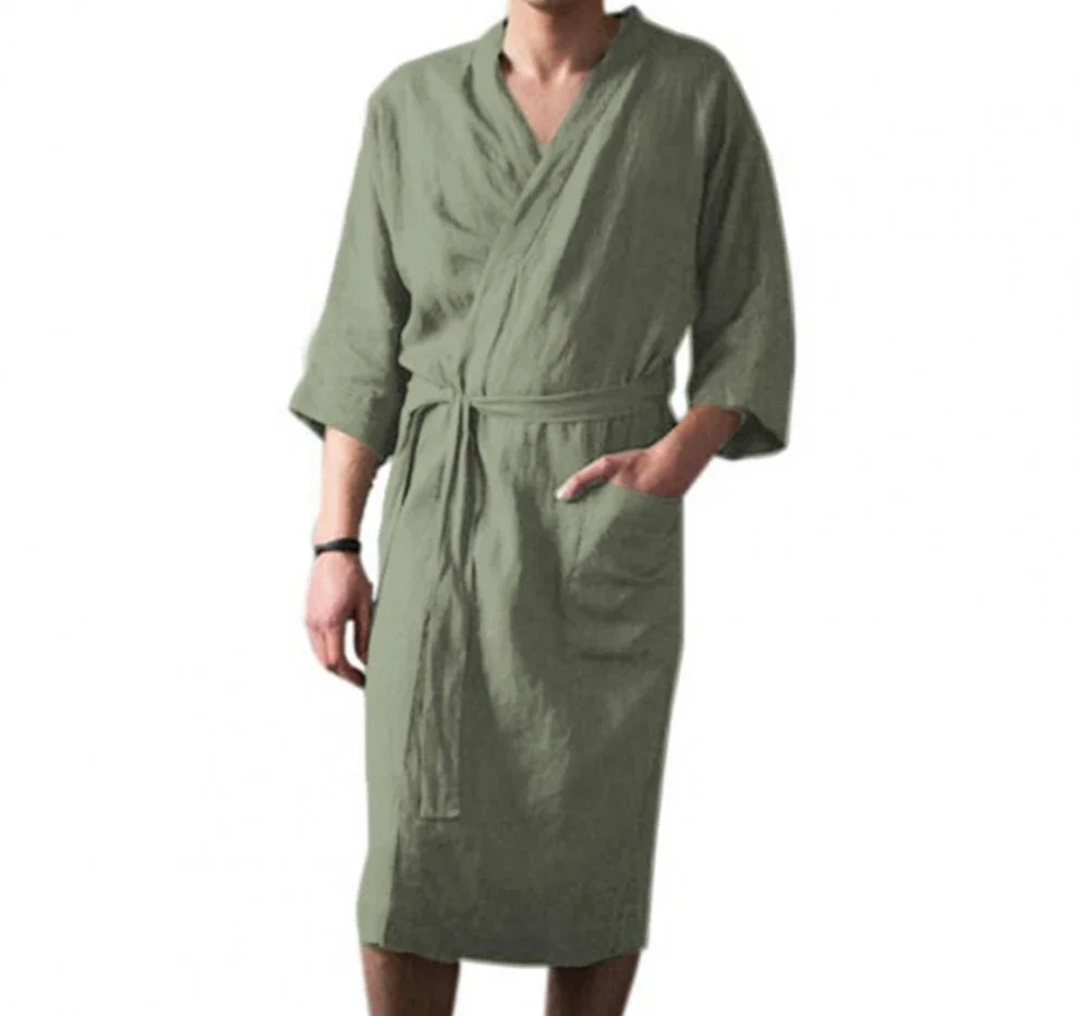 Herren Nachthemd Baumwolle und Leinen Roben neuen Frühling Herbst japanischen Kimono Nachthemd Homewear Bad gedämpfte Kleidung Bademantel Image