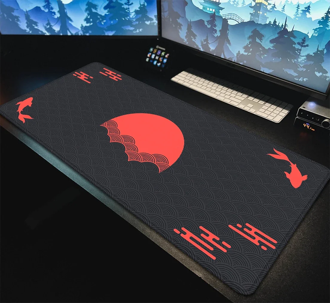 Japanische Schreibtischunterlage, schwarz und rot, Mauspad, Koi-Fisch, Sonne, Wolke, Japan, Kunst, Siegel, Sonnenaufgang, großes XXL-Gaming-Schreibtischunterlage, Gummi-Mauspad, 90 x 40 cm Image