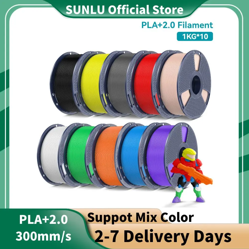 SUNLU PLA+ 2,0 1,75 mm 10 Rollen, extrem robust (19,8 kg/m2 Impact), 2–3 x stärker, schneller Druck 300 mm/s, Hochgeschwindigkeits-3D-Drucker-Filament Image