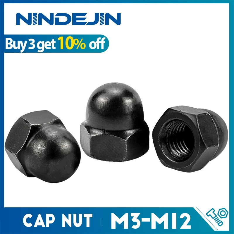 NINDEJIN 6-80 stücke Acorn Cap Mutter M3 M4 M5 M6 M8 M10 M12 Schwarz Carbon Stahl Dome Mutter abdeckung Kappe Muttern DIN1587 Image
