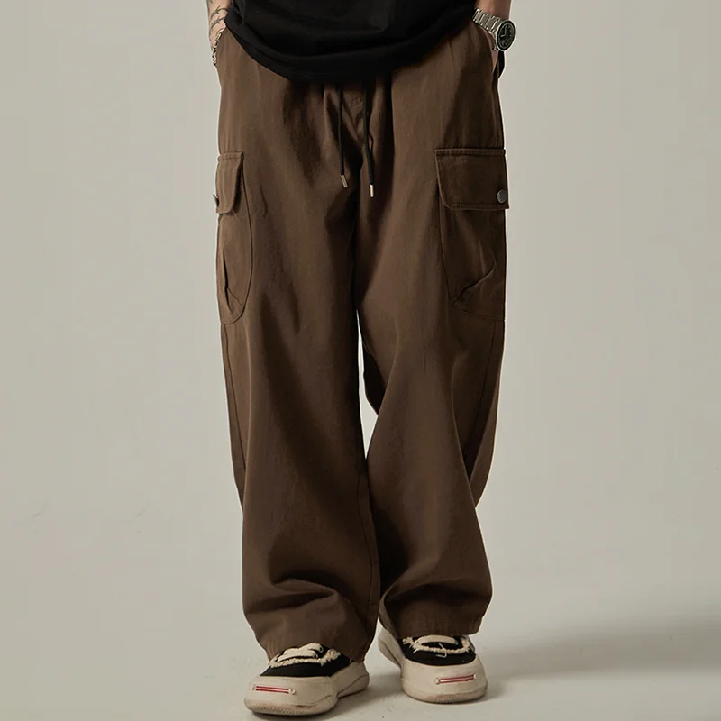 Herren-Jogginghose 2025, Frühling und Herbst, Vintage, japanisches, weites Bein, gerade, lockere Knöpfe, große Taschen, Cargohose, Kordelzughose