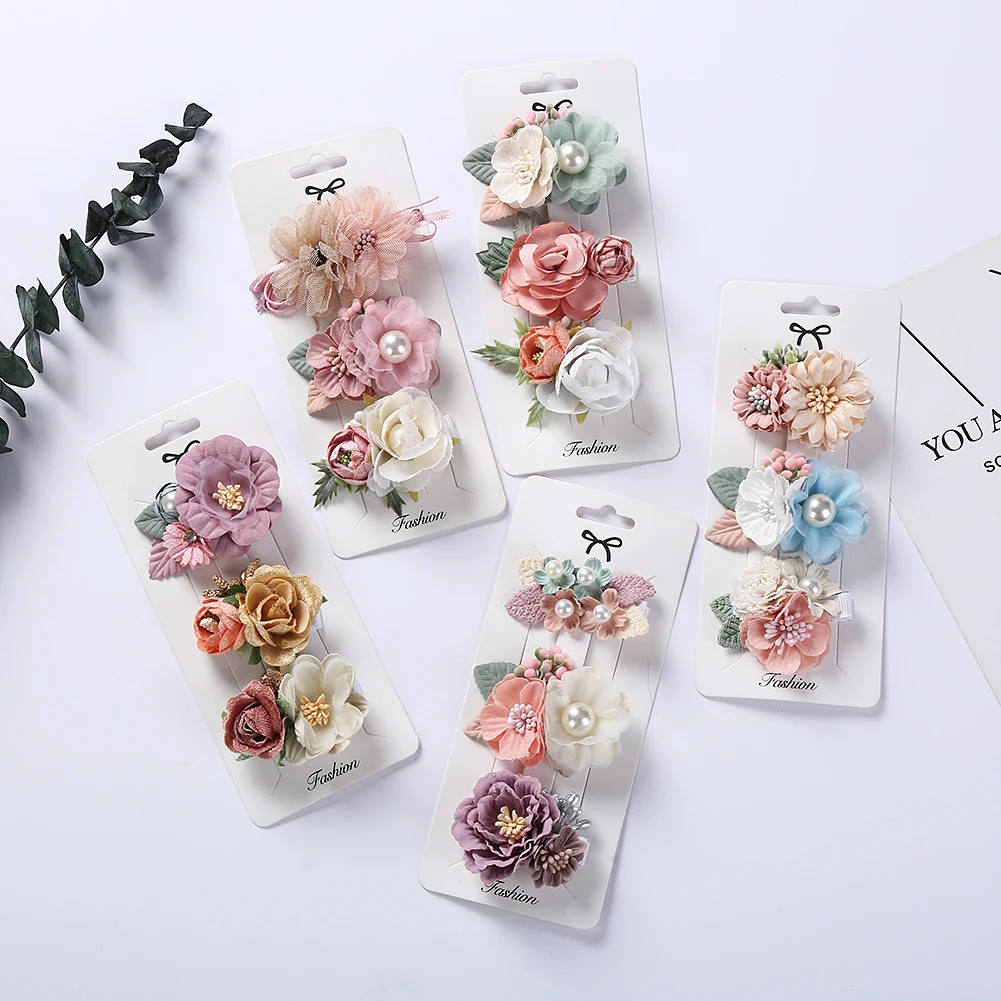 3 Teile/satz Künstliche Blume Baby Mädchen Haar Clips Perle Chiffon Neugeborenen Grips Fotografie Requisiten Haarnadeln Haar Zubehör Image