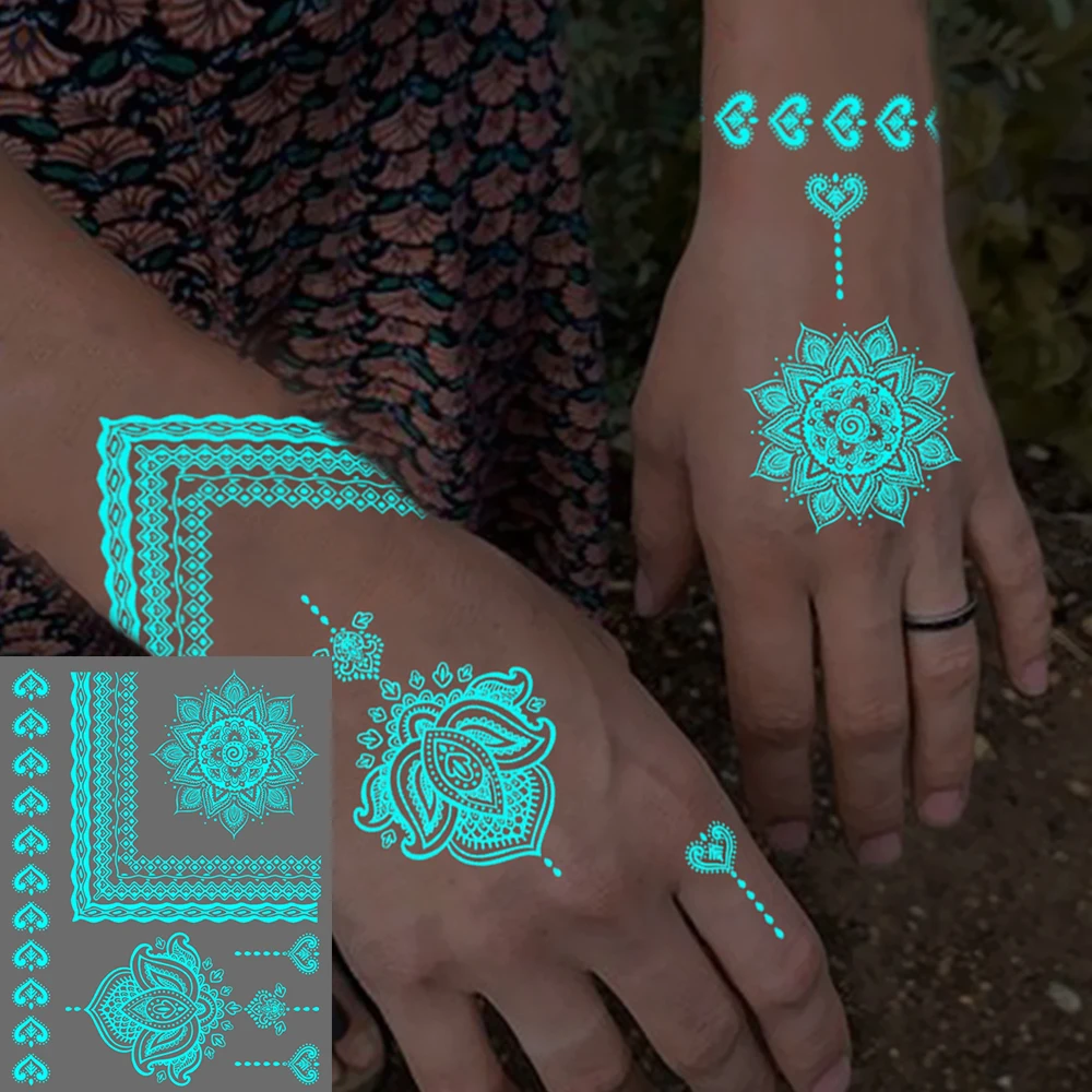 Blau Leuchtende Glow Hand Henna Wasserdicht Temporäre Tattoo Aufkleber Mandala Spitze Blume Flash Tato Frauen Männer Körper Kunst Gefälschte Tattoos Image