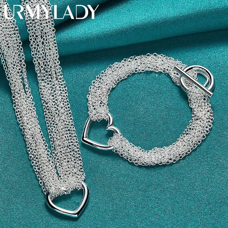 Urmylady 925 Sterling Silber Multi Chain Love Frame Halskette Armband Schmuck Set für Frauen Hochzeits feier Mode Charme Geschenke Image