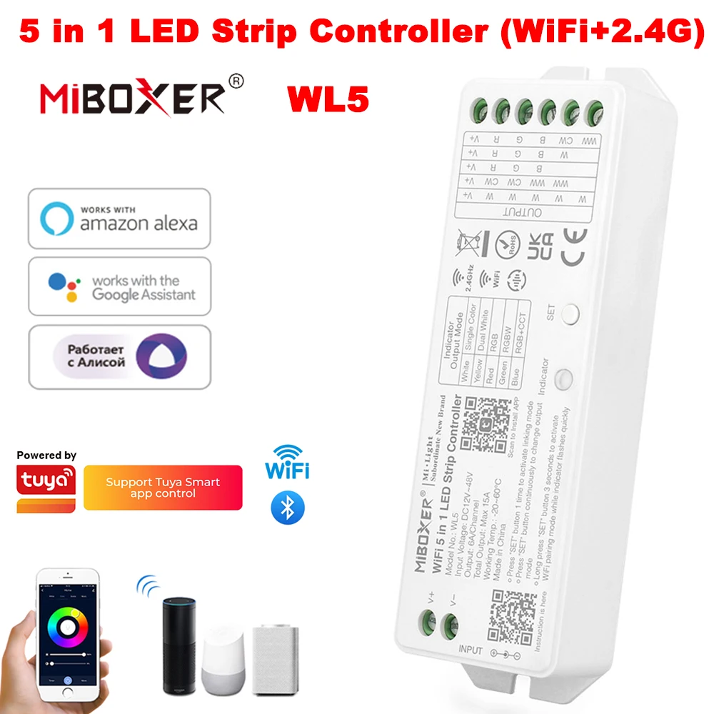 Miboxer WL5 2,4G 5IN1 WiFi LED Controller APP/TUYA/Dritte Party Sprachsteuerung Für Einzel/zwei farbe RGB RGBW RGB + CCT Led Streifen