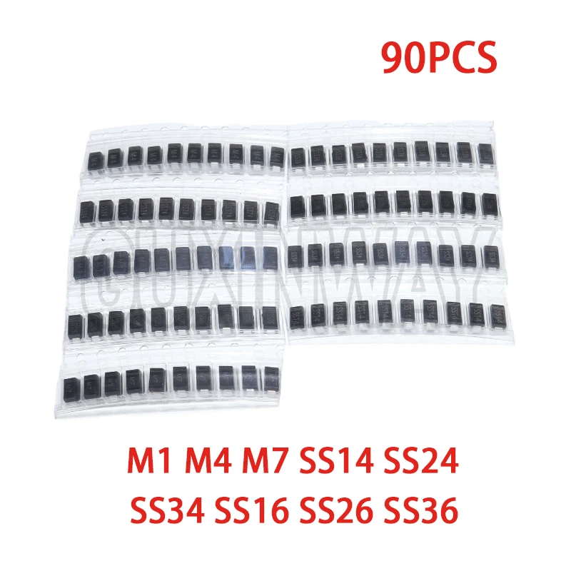 90PCS Gleichrichterdiode 1N4007 1N4001 1N4004 SS14 SS24 SS34 SS16 SS26 SS36 SMD Schottky Diode Sortiment Kit Image