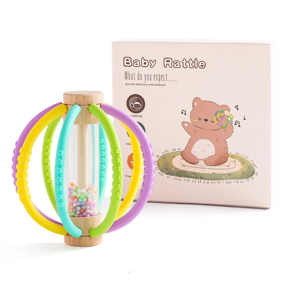 Rassel Spielzeug Holz Regen Trommel Mit Silikon Silikon Zähne Schleifen Stange Baby Spielzeug Multi-Funktion Neugeborenen Sensorischen Touch Baby geschenk Image