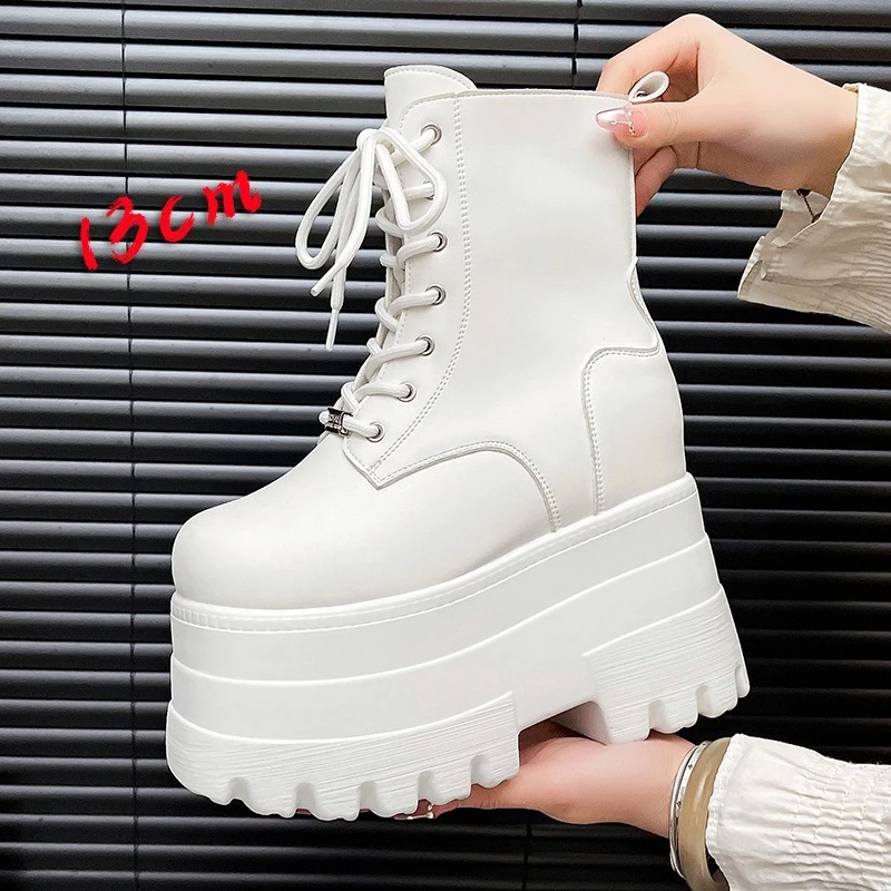 Modische Cosplay-Plateaustiefel für Damen, klobige Sohle, höhenvergrößernde Stiefel, wasserdichte Leder-Gothic-Kurzstiefel für große Größen
