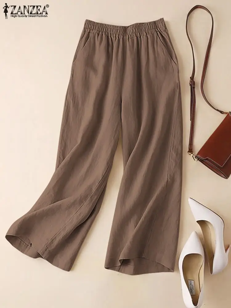 ZANZEA Frauen Sommer Breite Bein Hosen Frühling Baumwolle Pantalon Lose Elastische Taille Palazzo 2023 Fashion Solid Beiläufige Lange Hosen Image