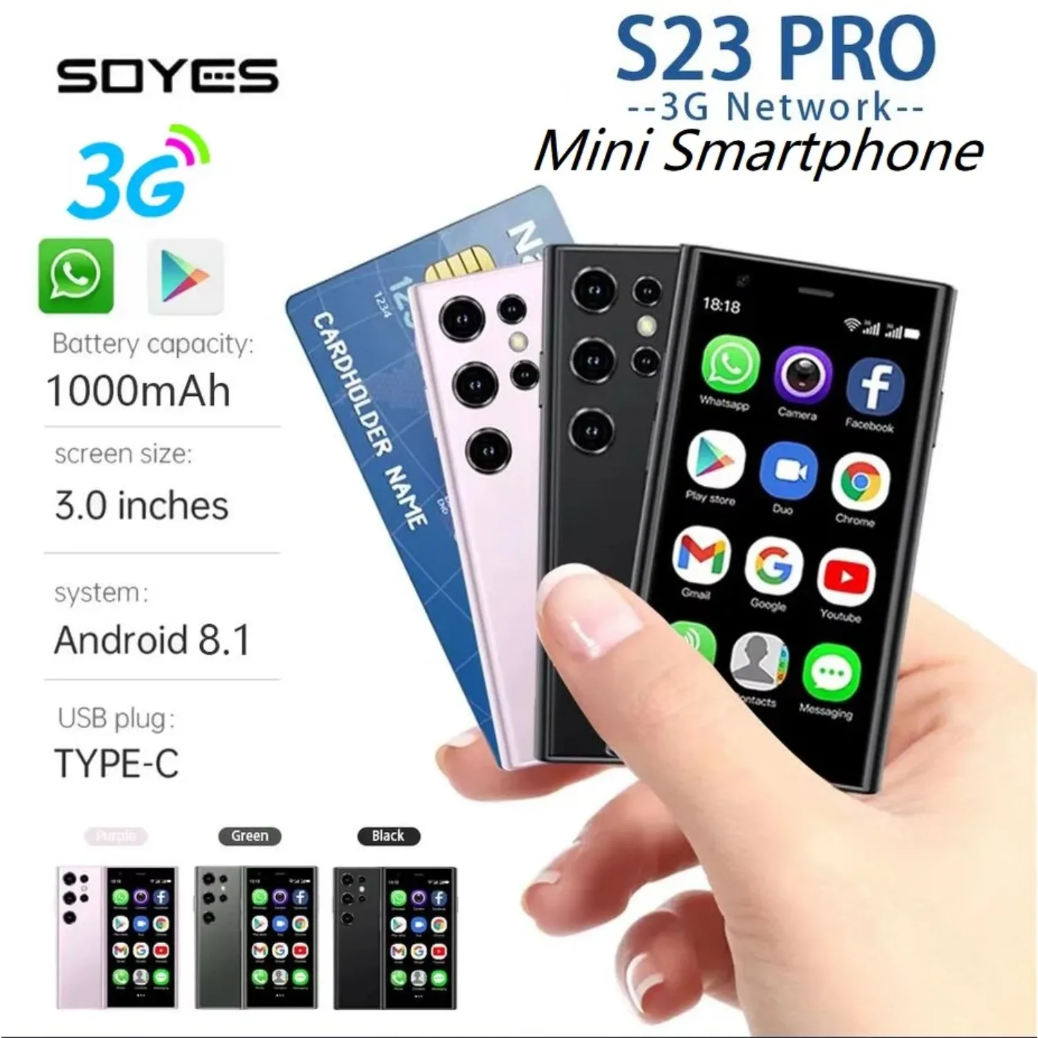 Soyes s23 pro mini smartphone android 8,1 dual sim 3,0 zoll 1000mah 3g handy 2gb 16gb 1000mah kleines super mini handy Image