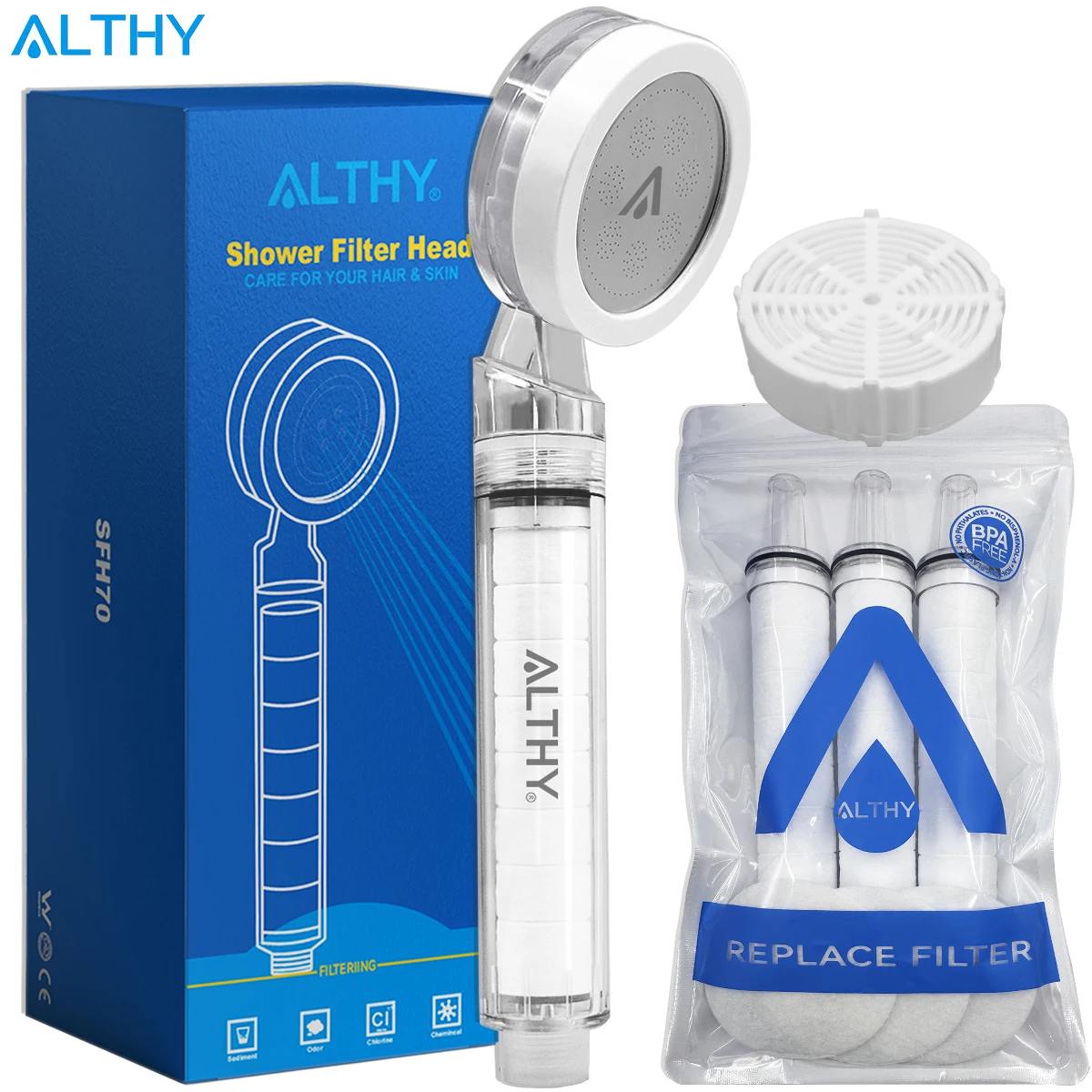 ALTHY Hochdruck-SPA-Handbrause-Wasserfilter, reduziert Chlor aus schwerem Metall, verbessert trockene Haut, Schuppen und Ekzeme Image