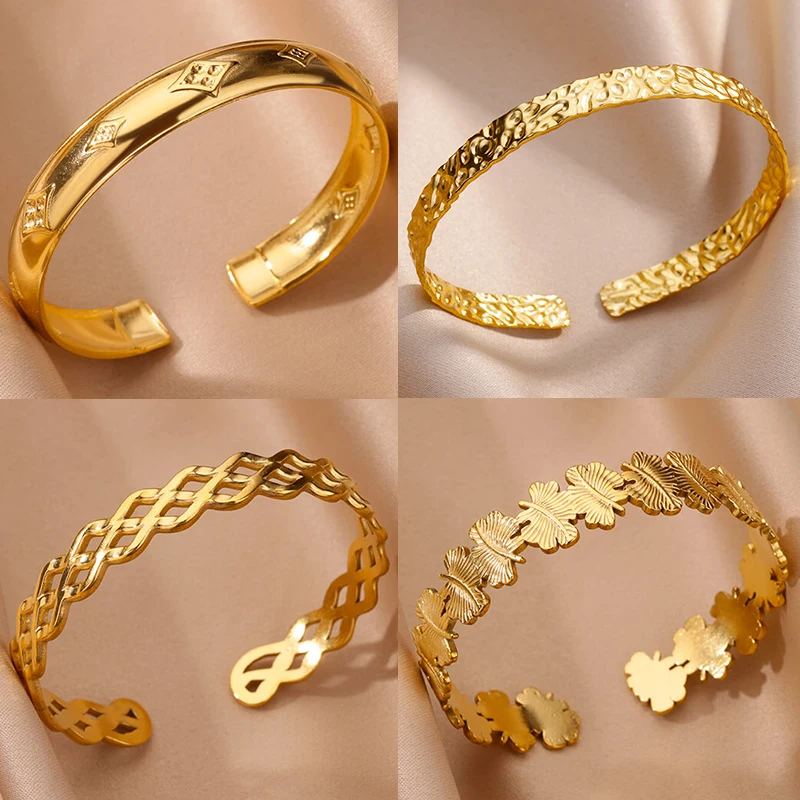 Edelstahl Armreifen Armbänder für Frauen Gold Farbe Geometrische Textur Offene Manschette Armreif Femme Vintage-Schmuck pulsera Image