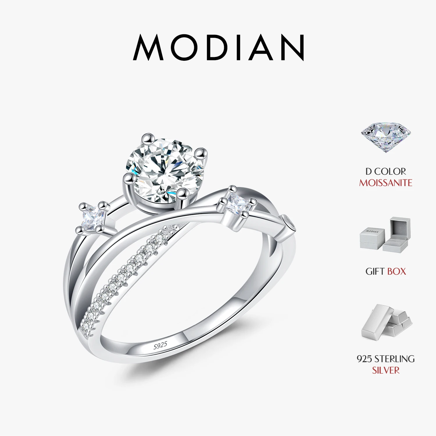 MODIAN 1CT VVS1 Klarheit Moissanit Dazzling Ring 925 Sterling Silber e Multi-schicht Linien Ringe Für Frauen Hochzeit Schmuck geschenke Image
