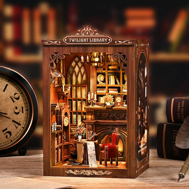 DIY-Buchnischen-Set - TWILIGHT LIBRARY Holz-Buchstützenraum, 3D-Puzzle-Bausatz, handgefertigtes Modell für Erwachsene, Geburtstagsgeschenke Image