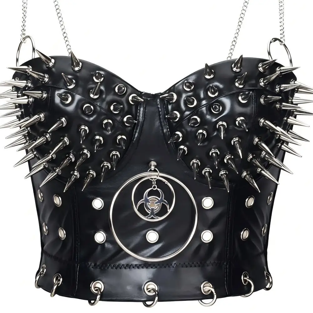Gothic Emo Punk Rock Damen-Top mit Spikes Grunge PU-Leder Nietenbesetztes Tanktop Y2K-Stil Sexy Rave Festival Club Wear Goth-Kleidung Image