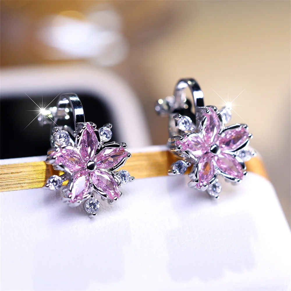 Elegante rosa Kristall Sakura Clip Ohrringe weiß Zirkon süße Blume Ohrringe für Frauen Vintage Silber Farbe Hochzeit Schmuck Geschenke